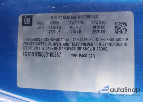 2018 Chevrolet Camaro 1Lt z USA, uszkodzony, nr VIN 1G1FB1RS6J0100337